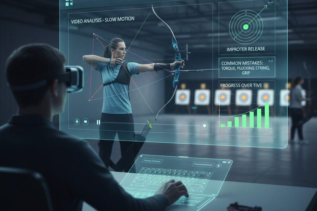 A person wearing VR goggles sits at a desk, typing on a holographic keyboard and viewing archery analytics on a transparent screen.
