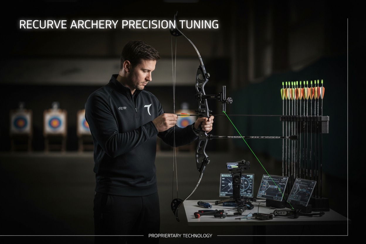 A man in a black sweatshirt tunes a recurve bow with precision equipment on a table in front of him.