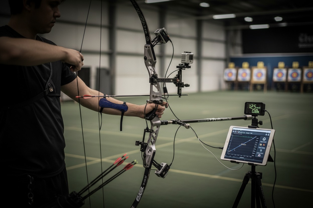 A male archer draws a recurve bow equipped with sensors and cameras connected to a tablet on a tripod displaying performance graphs.